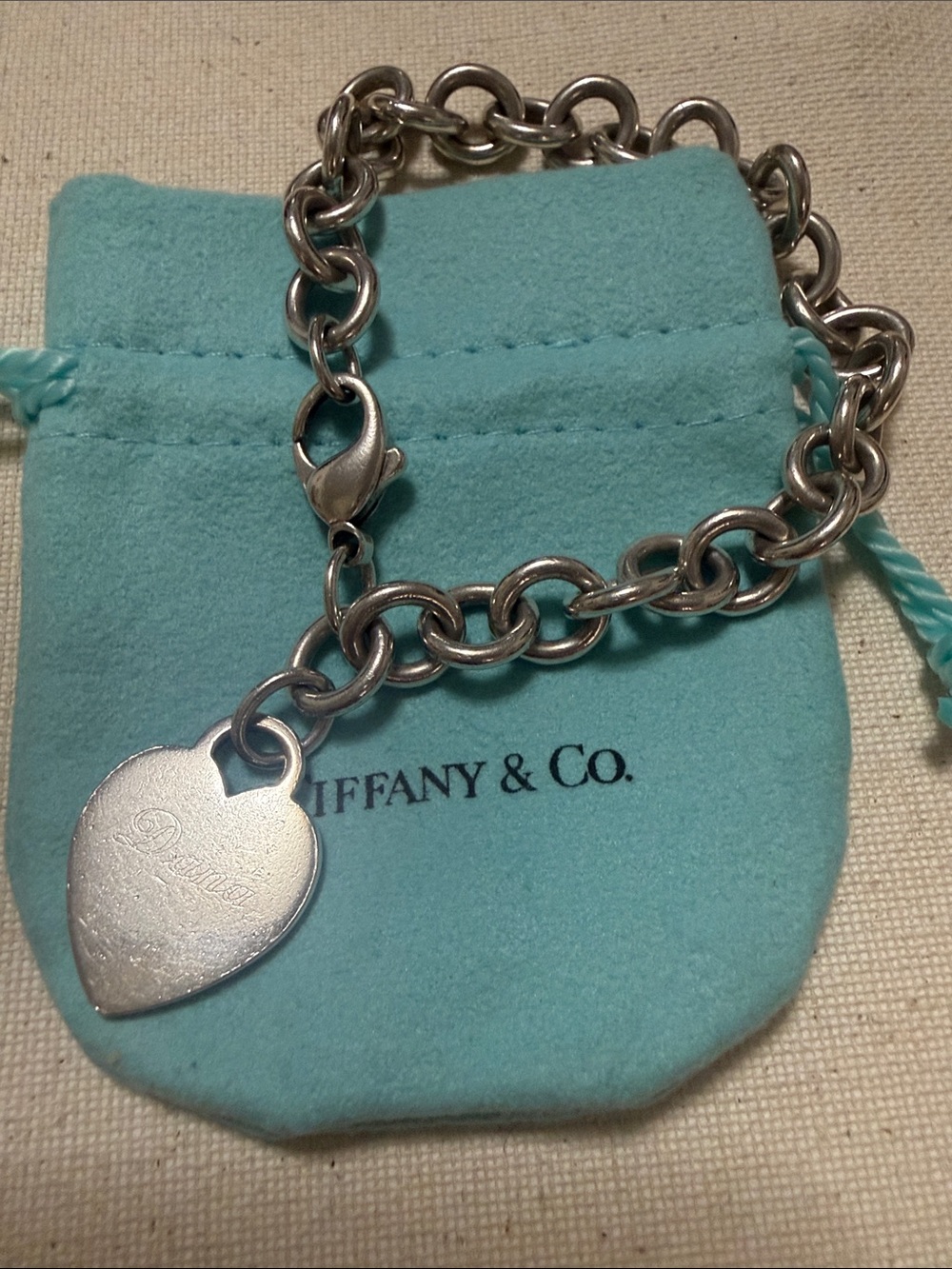 Tiffany&Co.925 Sterling Silver Heart Tag Charm Link Bracelet 8’ engraved ‘Dana’